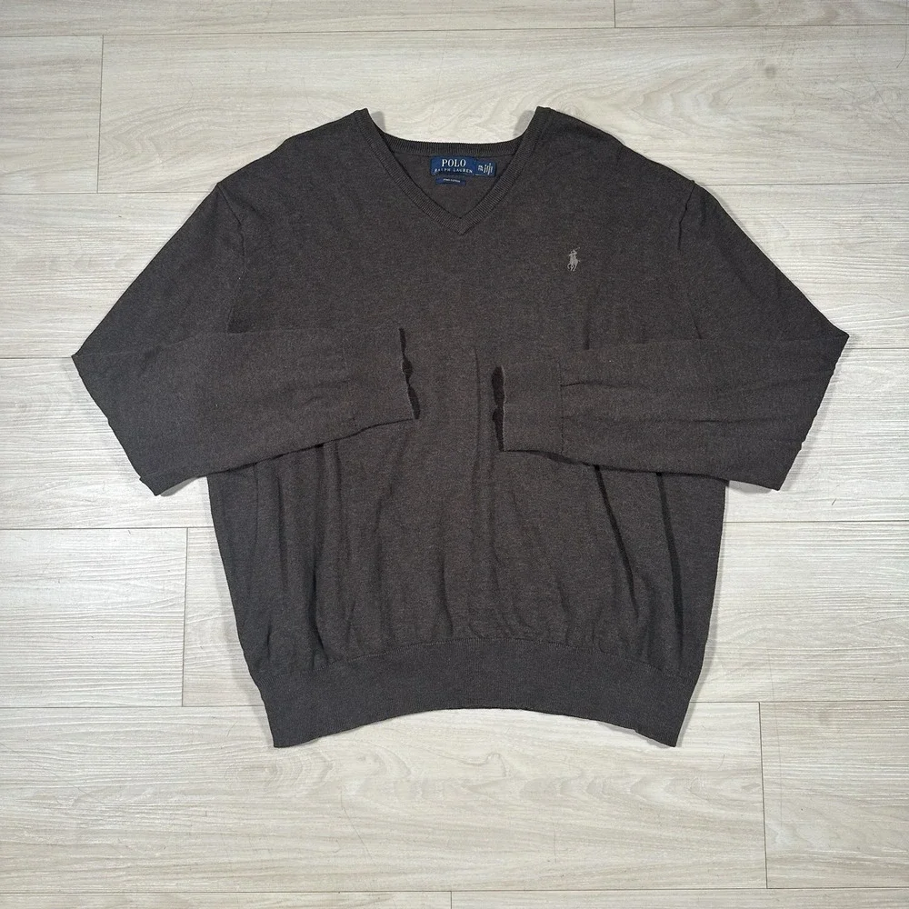 Polo Ralph Lauren‎ V Neck Sweater Men's XXL Brown 100% Pima Cotton Soft Preppy